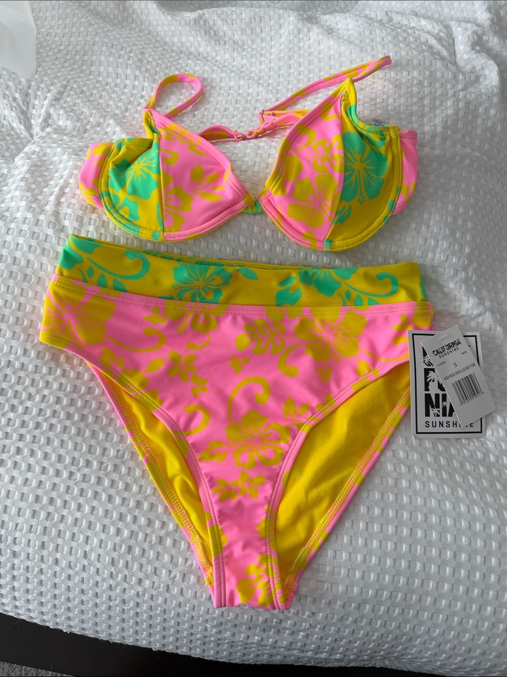 California Waves Pink and Yellow Floral Bikini Set
